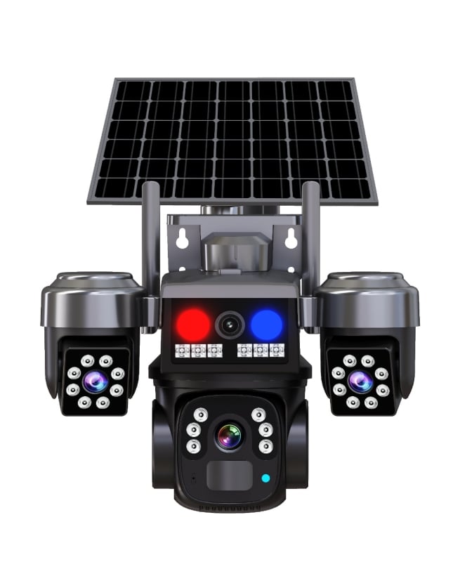 4G-s napelemes kamera, háromlencsés panoráma HD éjszakai látással, beltéri és kültéri használatra, minimális megvilágítás 0,02 lux