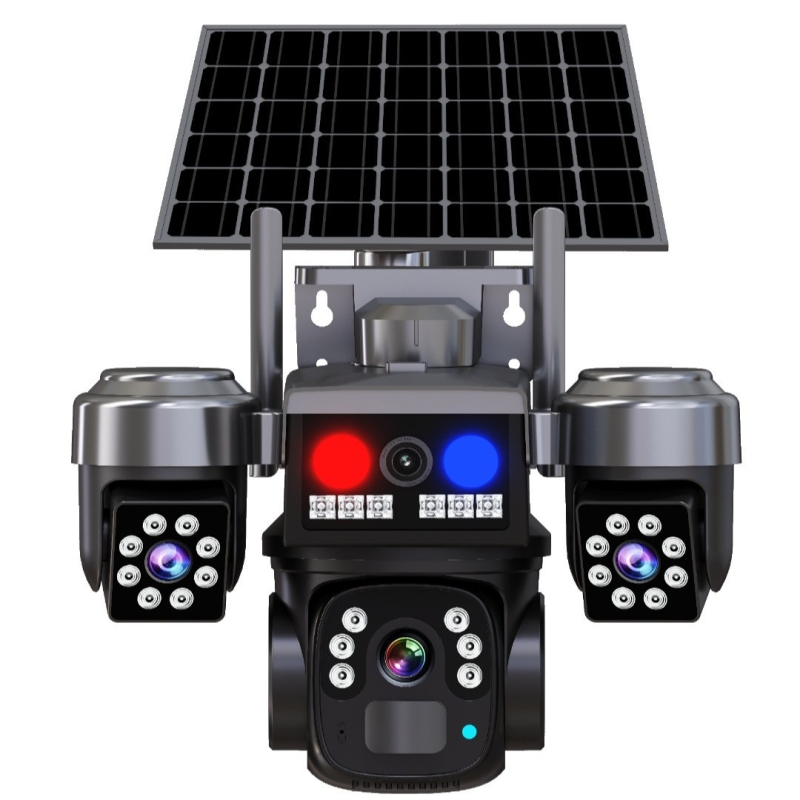 4G-s napelemes kamera, háromlencsés panoráma HD éjszakai látással, beltéri és kültéri használatra, minimális megvilágítás 0,02 lux