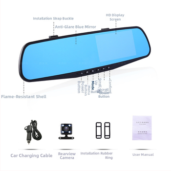 Camera pentru oglinda retrovizoare cu lentile frontale și din spate duale, ecran tactil de 4,5 inch, unghi de filmare 170°, diafragmă F2.0, suport card TF