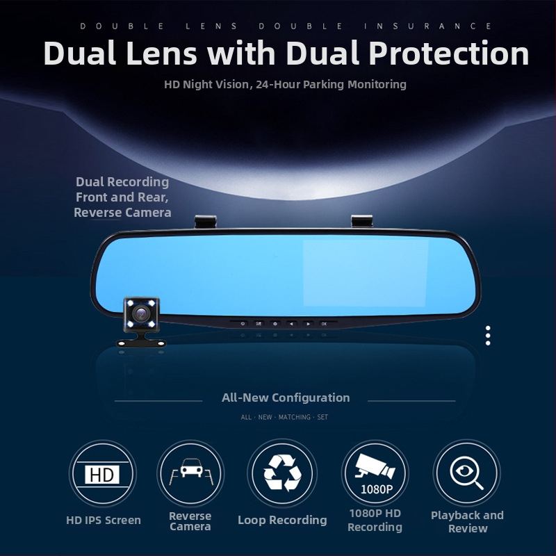 Camera pentru oglinda retrovizoare cu lentile frontale și din spate duale, ecran tactil de 4,5 inch, unghi de filmare 170°, diafragmă F2.0, suport card TF