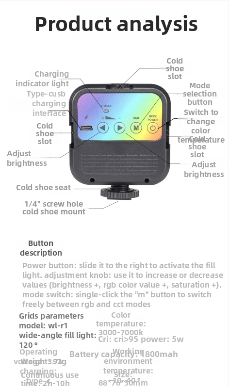 LED kruhové svetlo pre fotografovanie, kompaktné videové svetlo, kompatibilné s DJI Action 345, model C129, výkon <10W, napätie 10V, ručné použitie