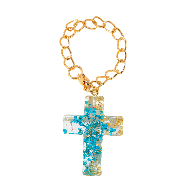 Krížový príves z priesvitnej živice so sušenými kvetmi, na batoh a kľúčenku — materiál: plast/živica, vzor: rastliny, štýl čerstvý a sladký