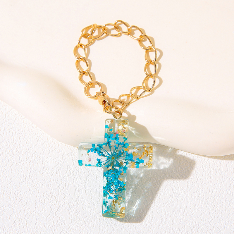 Krížový príves z priesvitnej živice so sušenými kvetmi, na batoh a kľúčenku — materiál: plast/živica, vzor: rastliny, štýl čerstvý a sladký