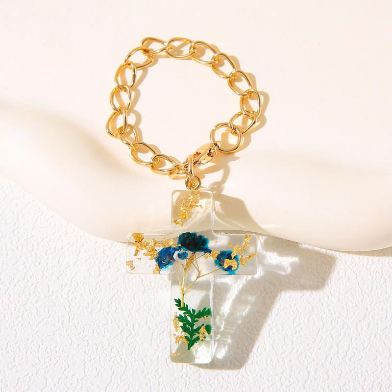 Krížový príves z priesvitnej živice so sušenými kvetmi, na batoh a kľúčenku — materiál: plast/živica, vzor: rastliny, štýl čerstvý a sladký