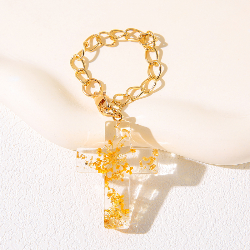 Krížový príves z priesvitnej živice so sušenými kvetmi, na batoh a kľúčenku — materiál: plast/živica, vzor: rastliny, štýl čerstvý a sladký