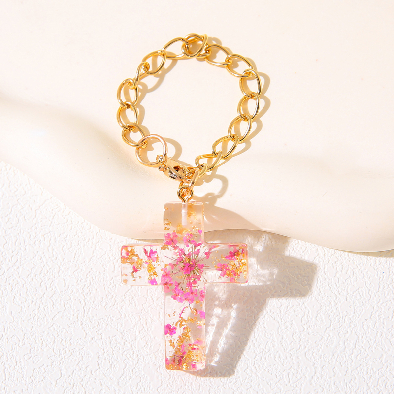 Krížový príves z priesvitnej živice so sušenými kvetmi, na batoh a kľúčenku — materiál: plast/živica, vzor: rastliny, štýl čerstvý a sladký