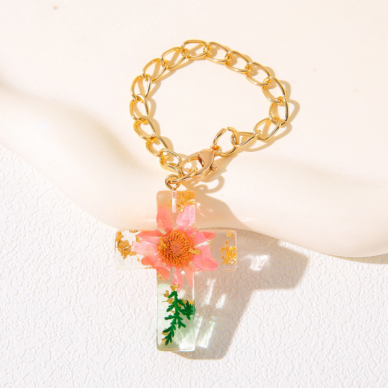 Krížový príves z priesvitnej živice so sušenými kvetmi, na batoh a kľúčenku — materiál: plast/živica, vzor: rastliny, štýl čerstvý a sladký