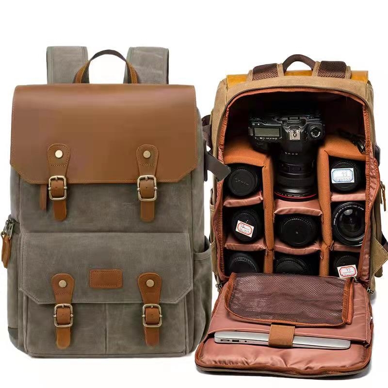 Drobės kameros kuprinė, suderinama su Canon/Nikon/Sony DSLR ir be veidrodinių kamerų — atspari vandeniui, vagystėms, dėvėjimui atspari, su oro pagalvės diržu