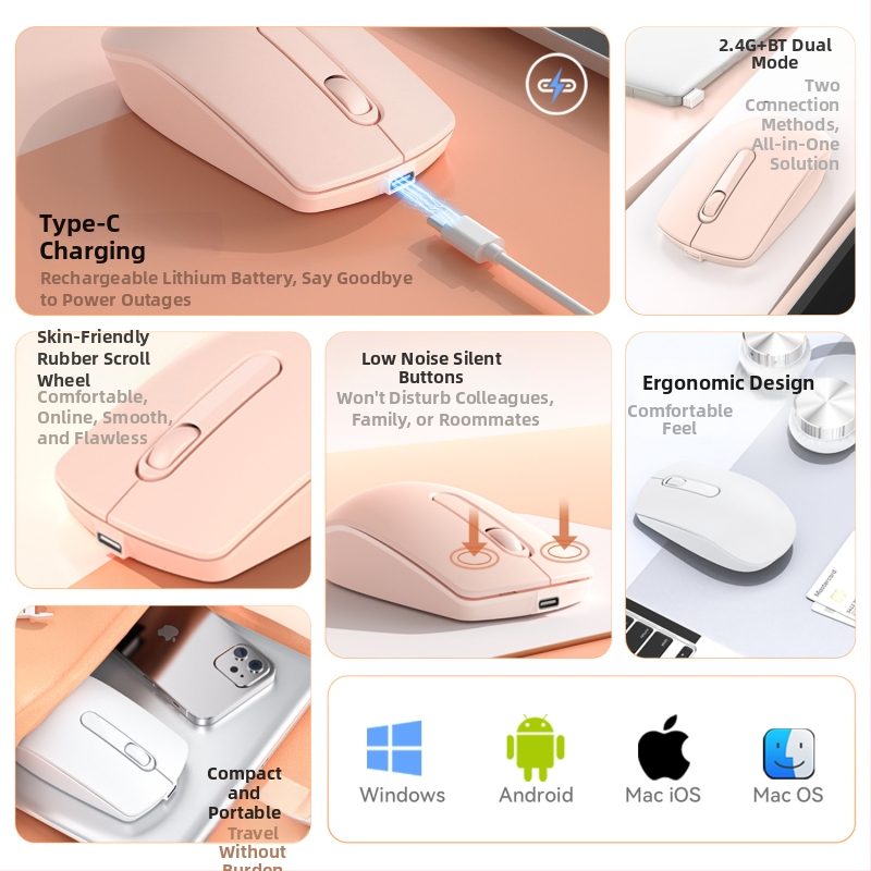 Безжична Bluetooth мишка с двойно режимно свързване 2.4G/Bluetooth, 1600dpi, 3 бутона, обхват до 10 м за лаптоп/офис