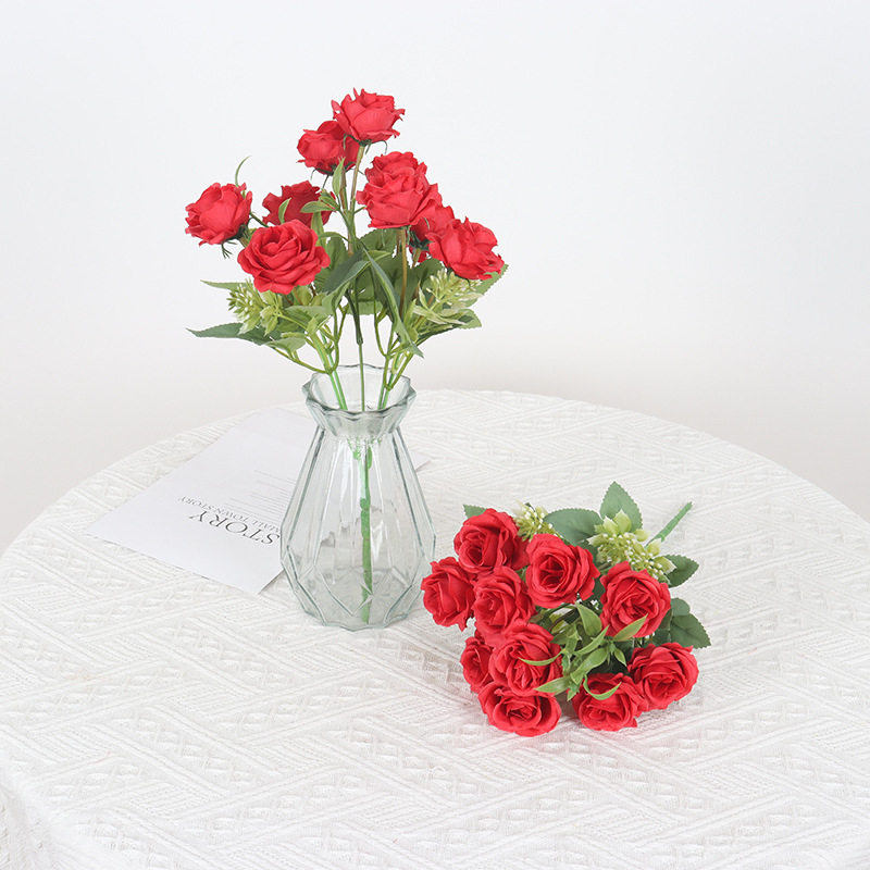 Hodvábna ruža – 10‑hlavá ruža, diamantový efekt, vidiecky záhradný štýl, vonkajšia dekorácia a domáce aranžovanie kvetov, značka XH