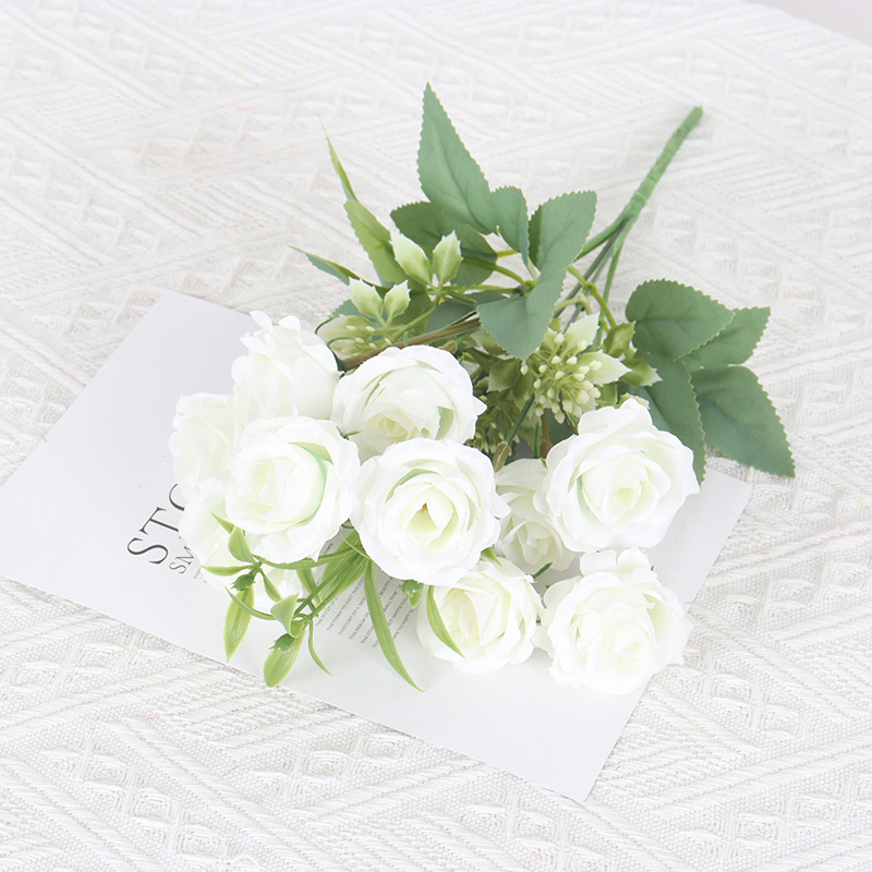 Hodvábna ruža – 10‑hlavá ruža, diamantový efekt, vidiecky záhradný štýl, vonkajšia dekorácia a domáce aranžovanie kvetov, značka XH