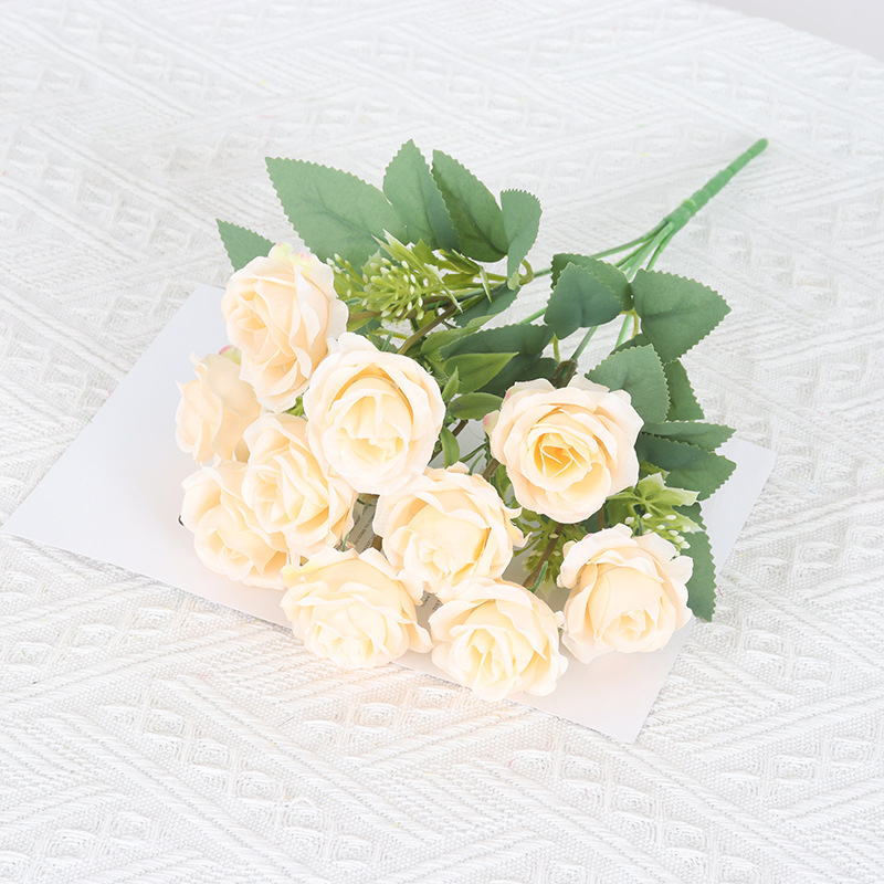 Hodvábna ruža – 10‑hlavá ruža, diamantový efekt, vidiecky záhradný štýl, vonkajšia dekorácia a domáce aranžovanie kvetov, značka XH