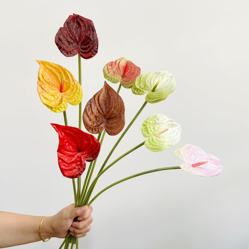PU anyagú anthurium művirág reális tapintású textúrával, egy szál szár, virágdekorációhoz