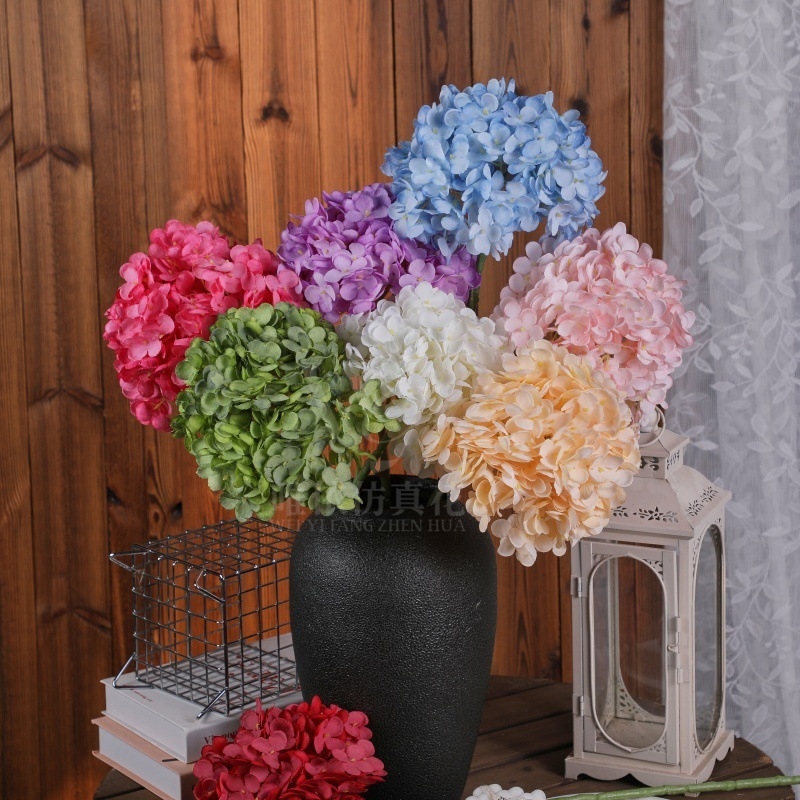 Mesterséges hortenzia virág, egy szárú, olajfestmény stílusú, esküvői dekoráció és fotózás kellékei