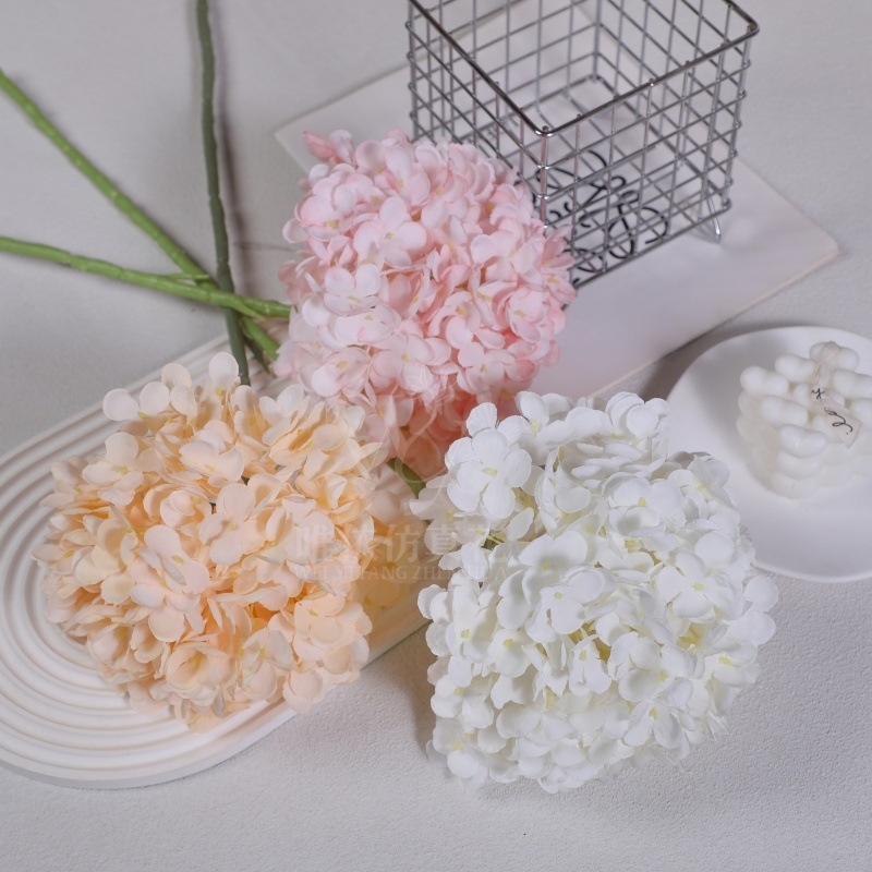 Mesterséges hortenzia virág, egy szárú, olajfestmény stílusú, esküvői dekoráció és fotózás kellékei