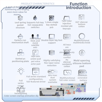 Mechanikus billentyűzet, 95 billentyű, Bluetooth, RGB háttérvilágítás, PBT billentyűsapkák, egyszerre 3 eszközhöz csatlakozik
