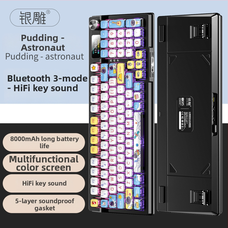 Mechanikus billentyűzet, 95 billentyű, Bluetooth, RGB háttérvilágítás, PBT billentyűsapkák, egyszerre 3 eszközhöz csatlakozik