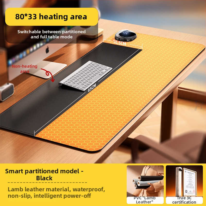 Šildomas pelės kilimėlis darbiniam stalui – itin didelis, PU medžiaga, 125W, 220V, kelių lygių šildymas, perkaitimo apsauga