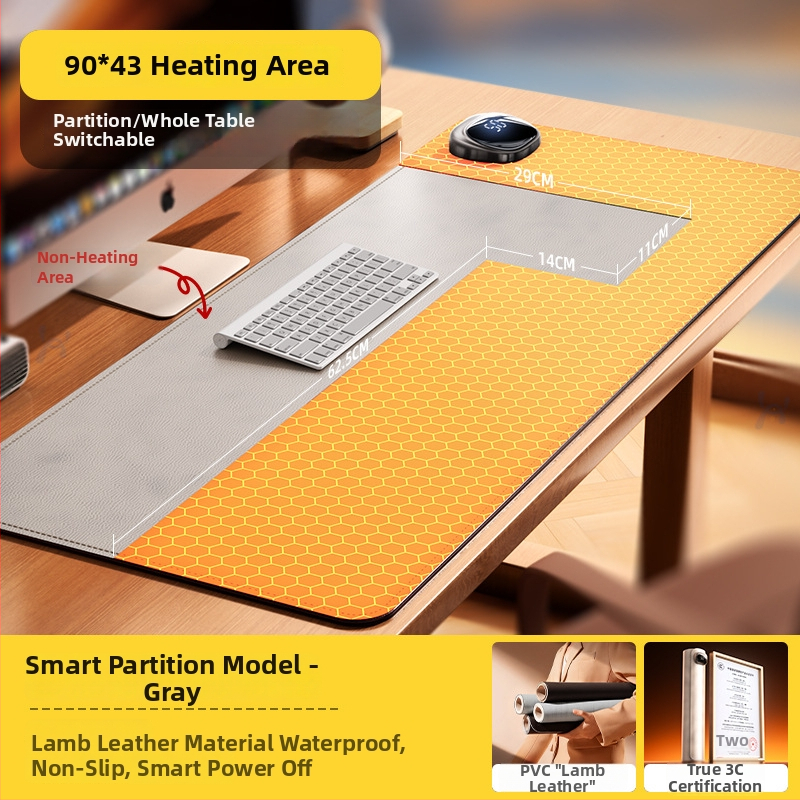 Šildomas pelės kilimėlis darbiniam stalui – itin didelis, PU medžiaga, 125W, 220V, kelių lygių šildymas, perkaitimo apsauga