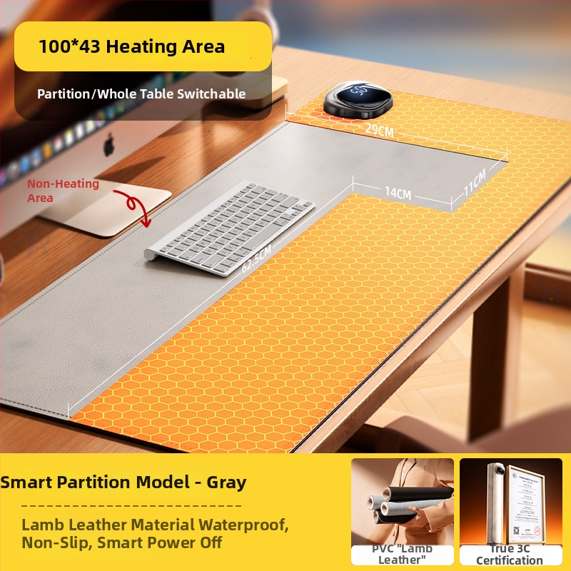 Šildomas pelės kilimėlis darbiniam stalui – itin didelis, PU medžiaga, 125W, 220V, kelių lygių šildymas, perkaitimo apsauga