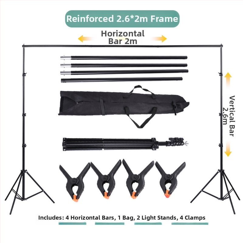 Stojan na pozadie pre fotografovanie s rámovým gantry, kovová konštrukcia; materiál železo a pozinkovaný hliník; pracovná výška 2 m; hmotnosť 2,4 kg; značka Hongming