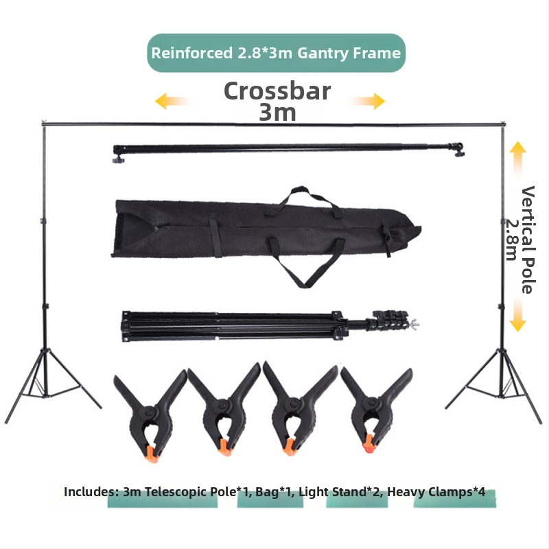 Stojan na pozadie pre fotografovanie s rámovým gantry, kovová konštrukcia; materiál železo a pozinkovaný hliník; pracovná výška 2 m; hmotnosť 2,4 kg; značka Hongming