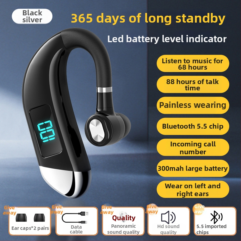 Zhengqin V15 Cască Bluetooth pentru mașină, montare pe ureche, Bluetooth 5.2, afișaj digital, baterie peste 8 ore, rază 10 m, IPX3 rezistent la apă