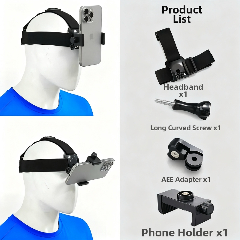 Držiak na mobilný telefón na hlavu pre POV nahrávanie s hlavovým pásom — ABS materiál, univerzálna kompatibilita, možnosť pridania loga