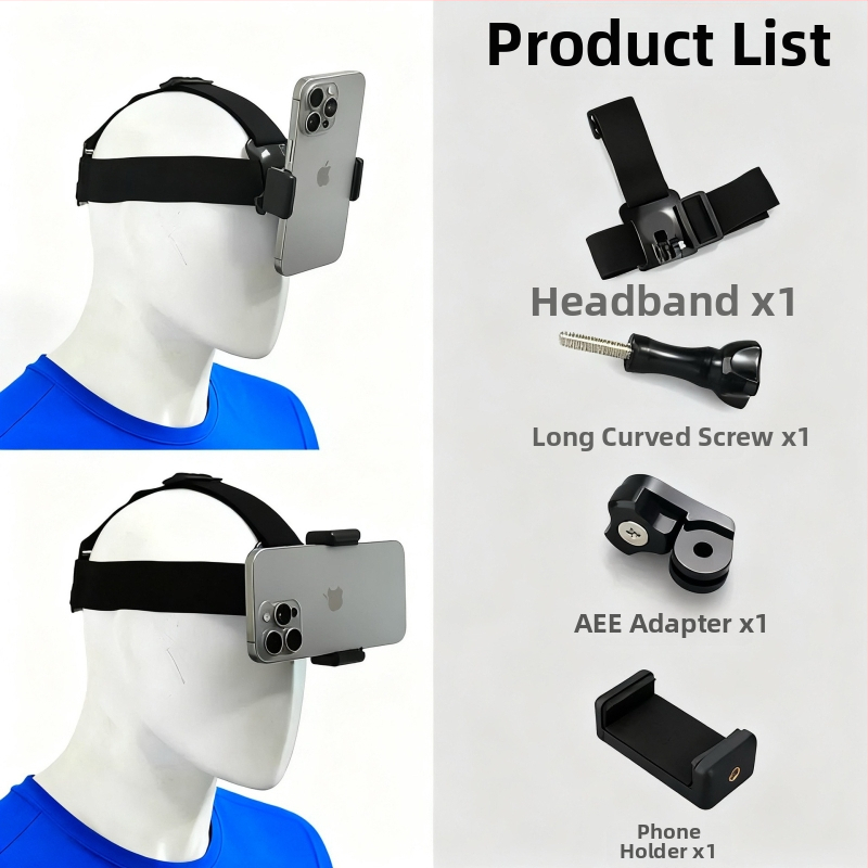 Držiak na mobilný telefón na hlavu pre POV nahrávanie s hlavovým pásom — ABS materiál, univerzálna kompatibilita, možnosť pridania loga