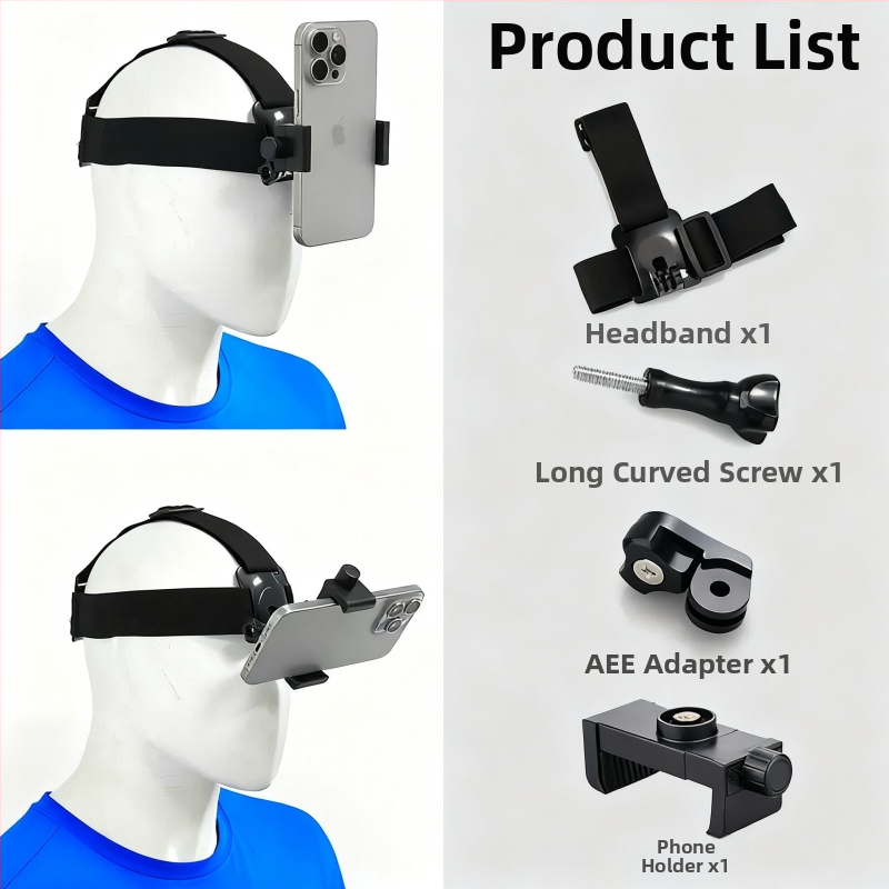 Držiak na mobilný telefón na hlavu pre POV nahrávanie s hlavovým pásom — ABS materiál, univerzálna kompatibilita, možnosť pridania loga