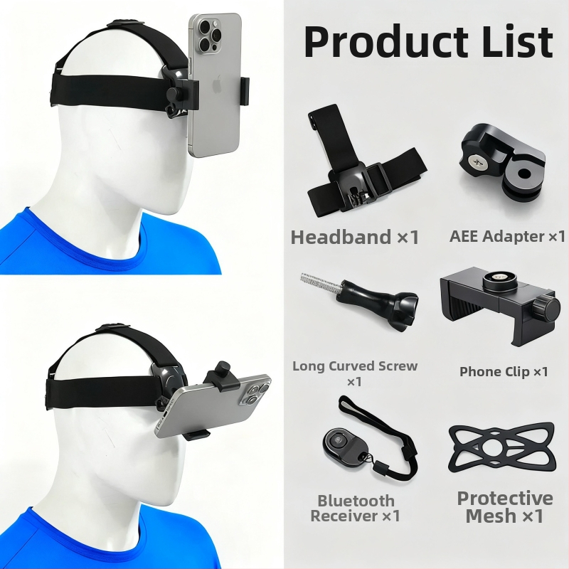 Držiak na mobilný telefón na hlavu pre POV nahrávanie s hlavovým pásom — ABS materiál, univerzálna kompatibilita, možnosť pridania loga