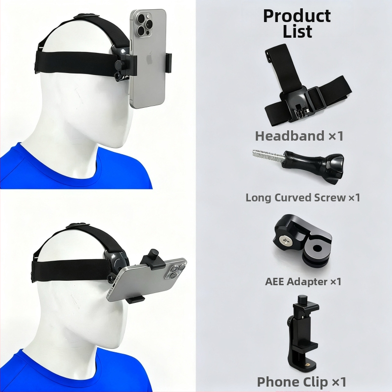 Držiak na mobilný telefón na hlavu pre POV nahrávanie s hlavovým pásom — ABS materiál, univerzálna kompatibilita, možnosť pridania loga