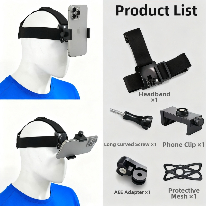 Držiak na mobilný telefón na hlavu pre POV nahrávanie s hlavovým pásom — ABS materiál, univerzálna kompatibilita, možnosť pridania loga