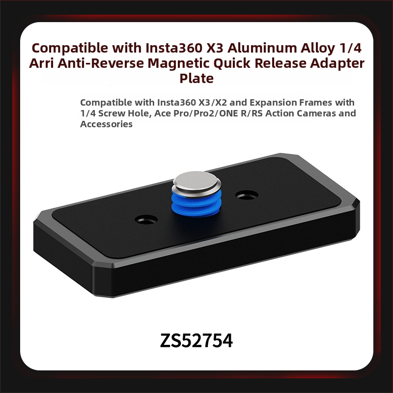 Adaptér základne s rýchlym uvoľnením z hliníkovej zliatiny a silikónovej podložky; magnetický rýchlouzáver; kompatibilný s Insta360 Ace Pro2, Ace, X4/X3/X2 a ďalšími kamerami; podpora tlače OEM loga.