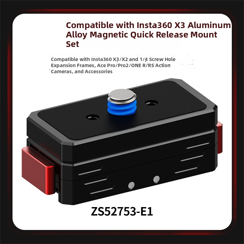 Adaptér základne s rýchlym uvoľnením z hliníkovej zliatiny a silikónovej podložky; magnetický rýchlouzáver; kompatibilný s Insta360 Ace Pro2, Ace, X4/X3/X2 a ďalšími kamerami; podpora tlače OEM loga.