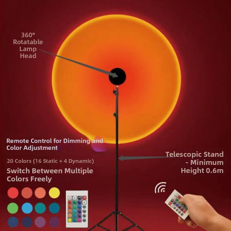 Stāvlampa ar regulējamu saulrieta krāsu un atmosfēras pagalma apgaismojumam, piemērota tiešraidei un fotogrāfijai, strāvas padeve maiņstrāvas (AC), sienas montāža, bez viedās vadības