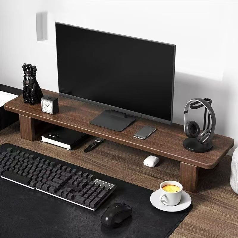 Držač monitora od masivnog drveta sa policom za laptop — stolno skladištenje, moderni minimalistički stil, ugradnja na radni stol