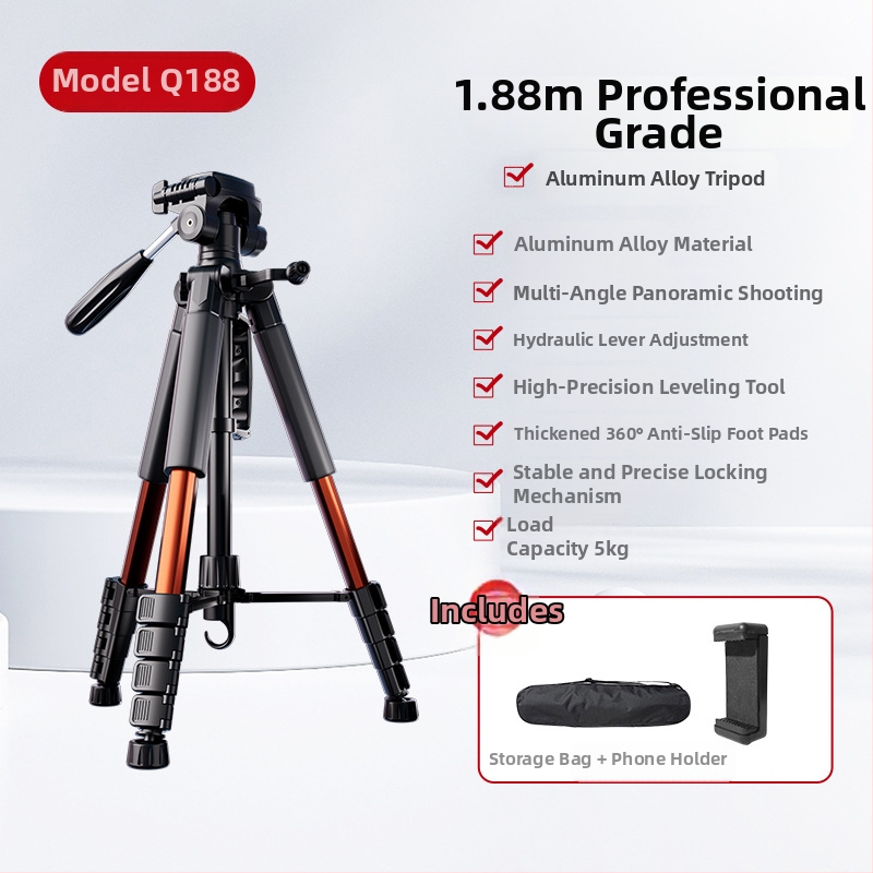 Kameros trikojis su 3D gimbal galva, 4 dalių aliuminio lydinio stovas, apkrova 2–5 kg, maksimali aukštis 188 cm, greito atleidimo plokštelė įtraukta