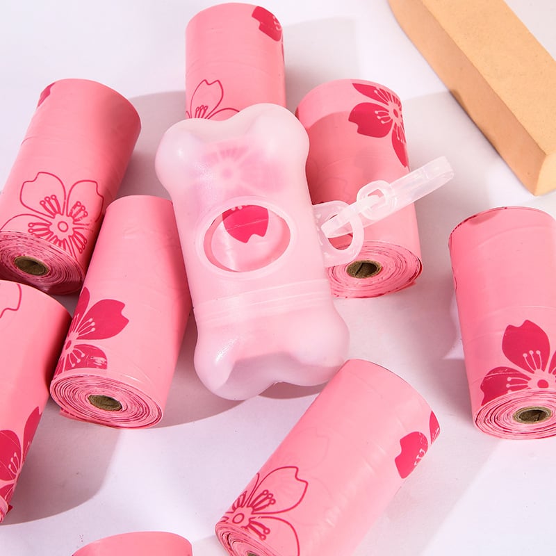 Biodegradábilis kutyapiszok zacskók, tekercsben, PE+EPI anyagú, vastagított, hordozható készlet