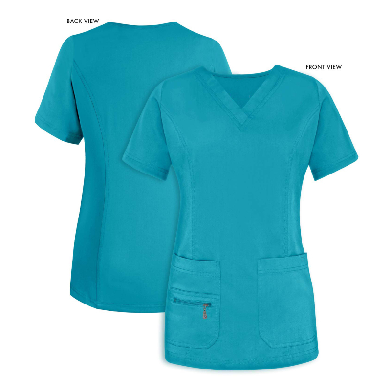 Set de scrubs medical de vară cu mânecă scurtă pentru doctor și asistentă — salon dentar, amestec poliester-spandex care evacuează umezeala, decolteu în V, pantaloni