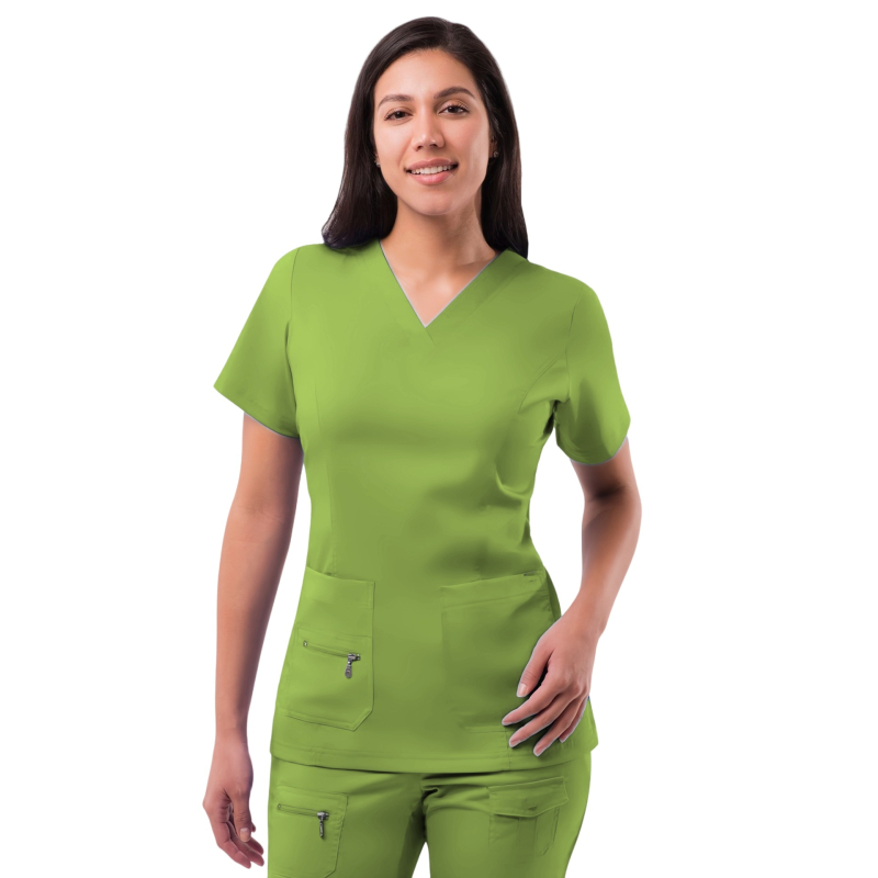 Set de scrubs medical de vară cu mânecă scurtă pentru doctor și asistentă — salon dentar, amestec poliester-spandex care evacuează umezeala, decolteu în V, pantaloni