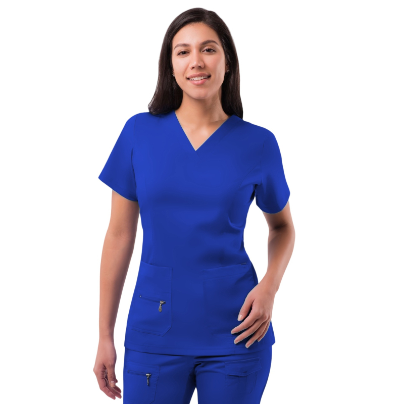 Set de scrubs medical de vară cu mânecă scurtă pentru doctor și asistentă — salon dentar, amestec poliester-spandex care evacuează umezeala, decolteu în V, pantaloni
