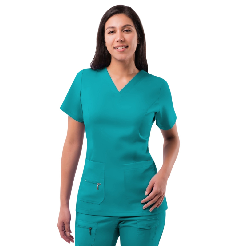 Set de scrubs medical de vară cu mânecă scurtă pentru doctor și asistentă — salon dentar, amestec poliester-spandex care evacuează umezeala, decolteu în V, pantaloni