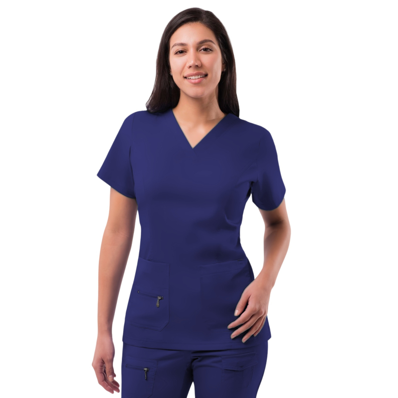 Set de scrubs medical de vară cu mânecă scurtă pentru doctor și asistentă — salon dentar, amestec poliester-spandex care evacuează umezeala, decolteu în V, pantaloni