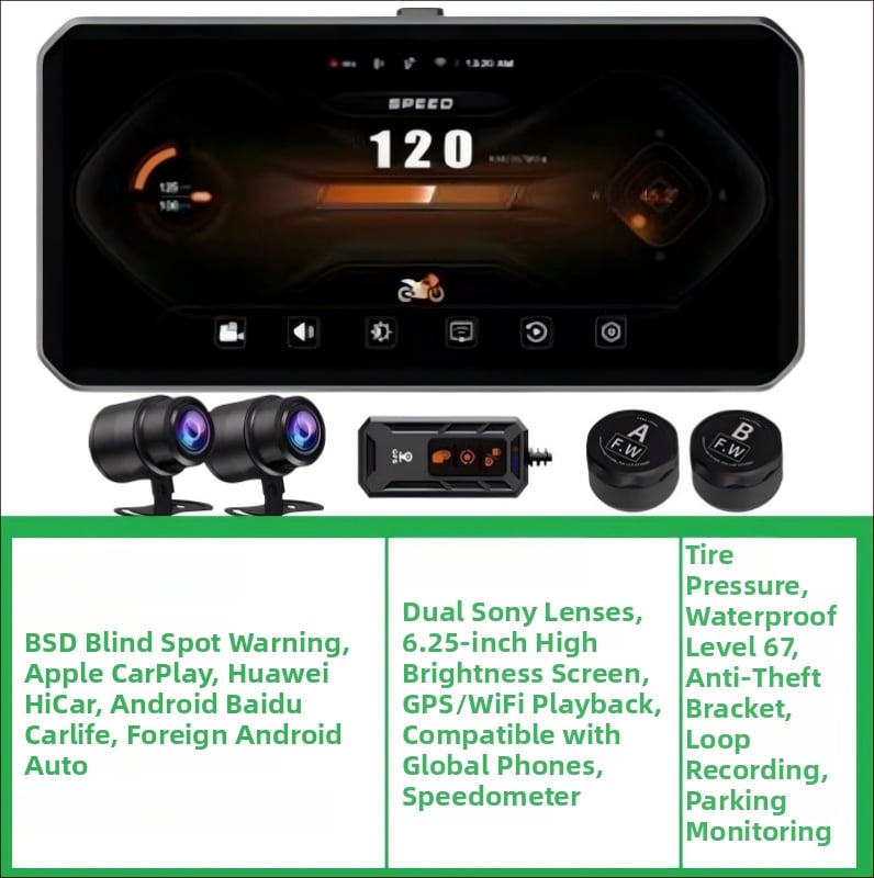 Motociklo DVR su priekinė ir galine kamera, BSD aklųjų zonų įspėjimas, CarPlay ir GPS, 160° matymo kampas, 12.0 MP