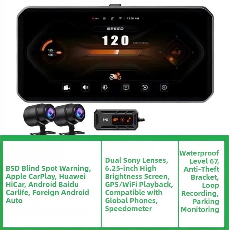 Motociklo DVR su priekinė ir galine kamera, BSD aklųjų zonų įspėjimas, CarPlay ir GPS, 160° matymo kampas, 12.0 MP