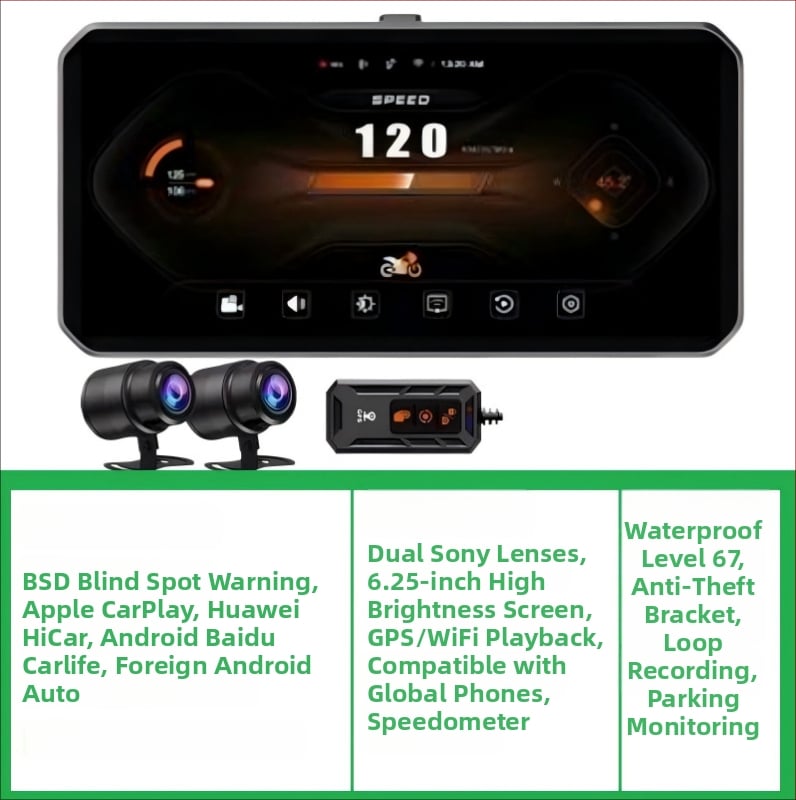 Motociklo DVR su priekinė ir galine kamera, BSD aklųjų zonų įspėjimas, CarPlay ir GPS, 160° matymo kampas, 12.0 MP