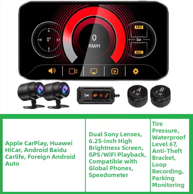 Motociklo DVR su priekinė ir galine kamera, BSD aklųjų zonų įspėjimas, CarPlay ir GPS, 160° matymo kampas, 12.0 MP
