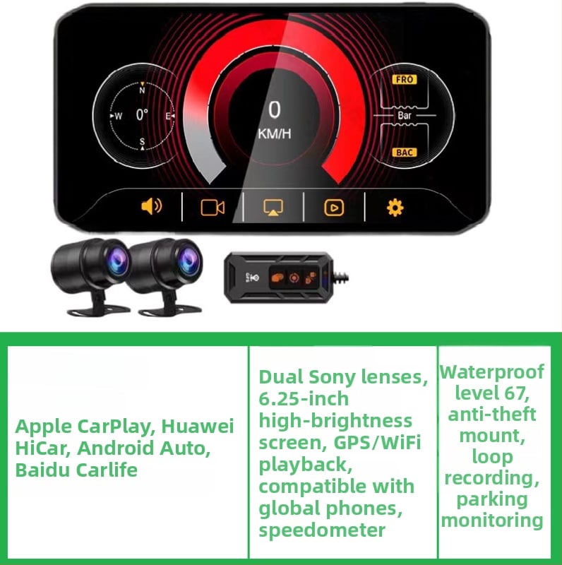 Motociklo DVR su priekinė ir galine kamera, BSD aklųjų zonų įspėjimas, CarPlay ir GPS, 160° matymo kampas, 12.0 MP