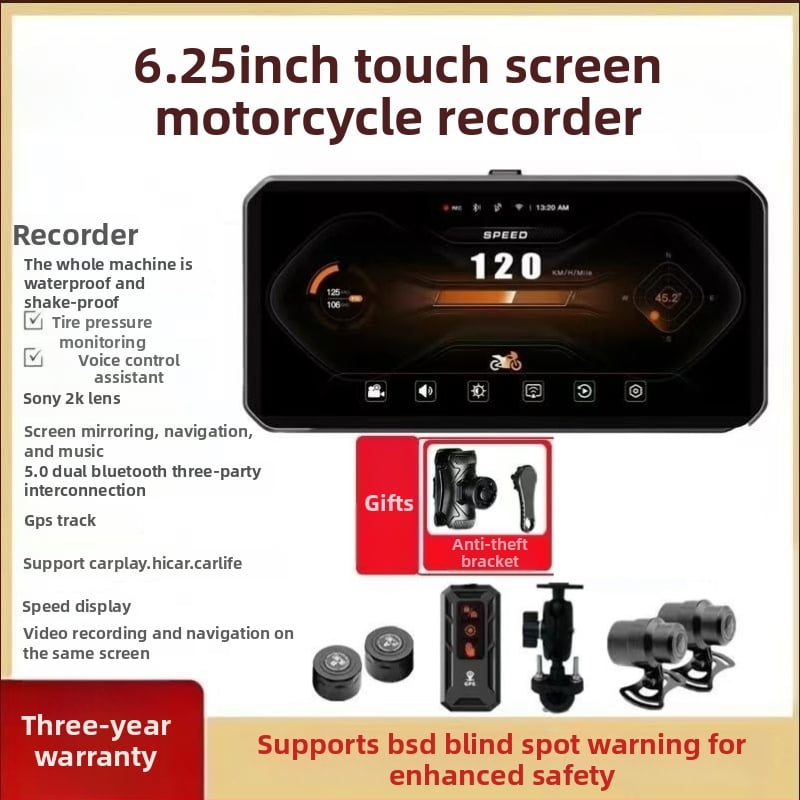 Motociklo DVR su priekinė ir galine kamera, BSD aklųjų zonų įspėjimas, CarPlay ir GPS, 160° matymo kampas, 12.0 MP